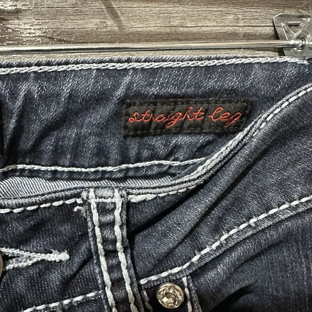 Earl Jeans Straight Leg Womens Denim Jeans Size 6 Embroidered Bling Flap Pocket - Picture 5 of 9